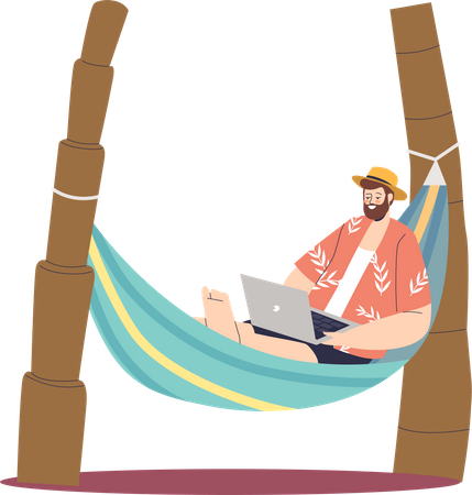 Freelancer guy working on laptop while lying in hammock  Illustration