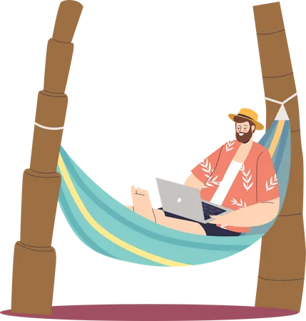 Freelancer guy working on laptop while lying in hammock  Illustration