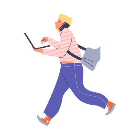 Homem freelancer enquanto corre falando ao telefone e trabalhando no laptop  Ilustração