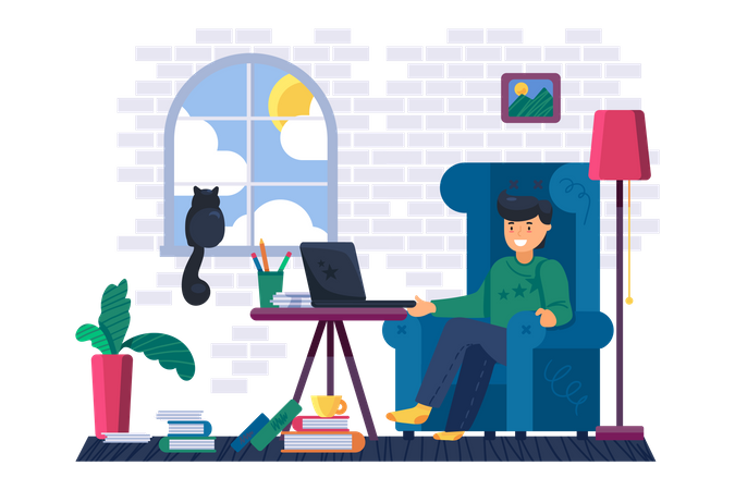 Freelancer masculino trabalhando no laptop em casa  Ilustração