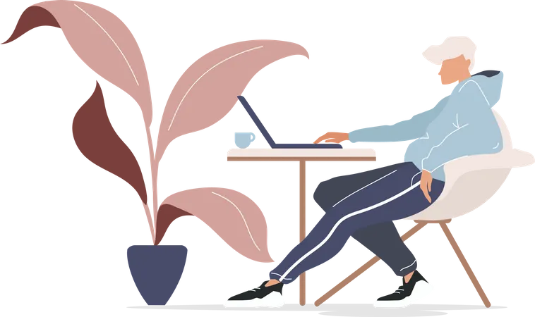 Freelancer In Cafe Flat Color Vector Faceless Character Guy In Trendy Clothes Working And Drinking Tea Person With Laptop Isolated Cartoon Illustration For Web Graphic Design And Animation Illustration