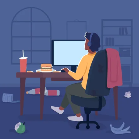 Freelancer in messy room playing online game Illustration
