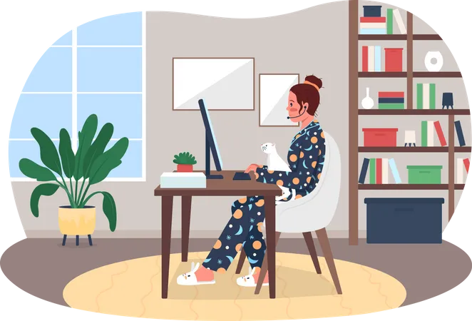 Freelancer In Pajamas 2 D Vector Web Banner Poster Remote Employee At Desk With Cat Flat Characters On Cartoon Background Home Office Benefits Printable Patch Colorful Web Element Illustration
