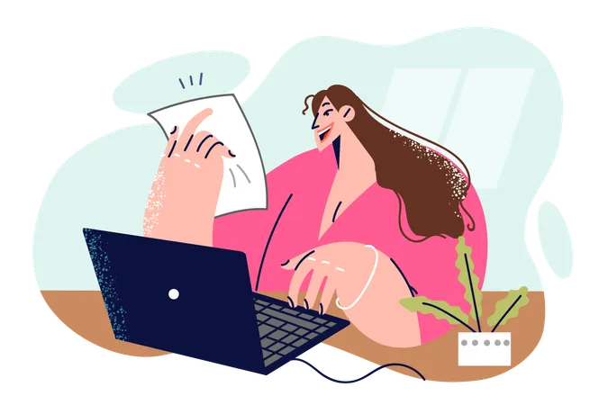 Freelancer Woman Works Sitting At Table With Laptop And Holds Sheet Of Paper With Technical Task From Customer Girl Freelancer In Casual Clothes Fulfills Orders Of Employers Found Via Internet Illustration