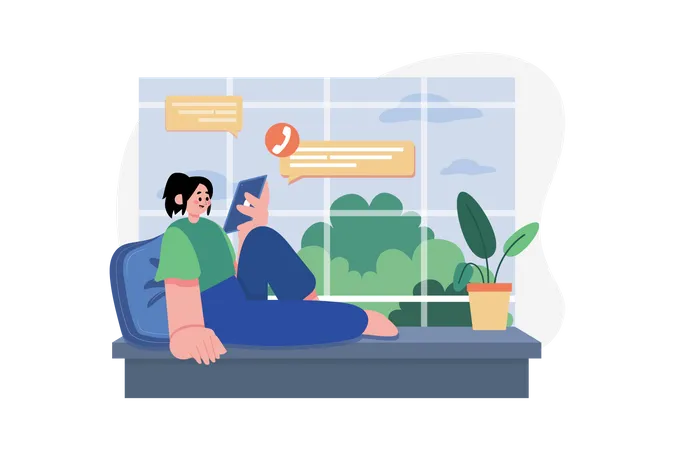 Freelancer lady talking on tablet white seating near window  Illustration