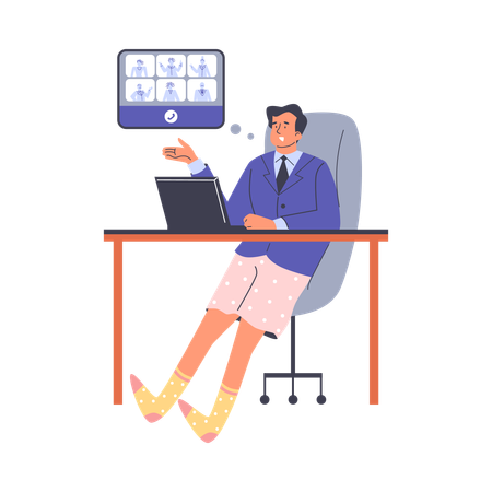 オンライン会議をしながらノートパソコンで作業するフリーランサーの男性  イラスト