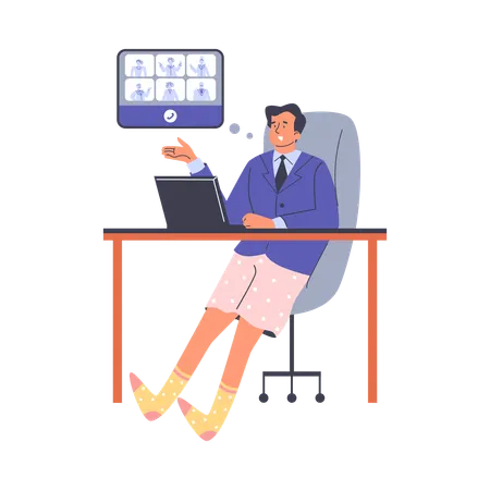 オンライン会議をしながらノートパソコンで作業するフリーランサーの男性  イラスト