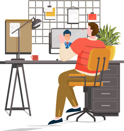 Freelancer man working on computer at his house  Illustration