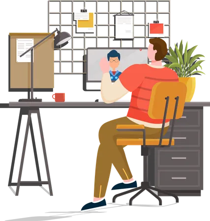 Freelancer man working on computer at his house  Illustration