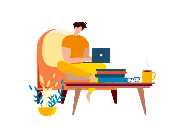 Freelancer man working on laptop while seating on armchair Illustration