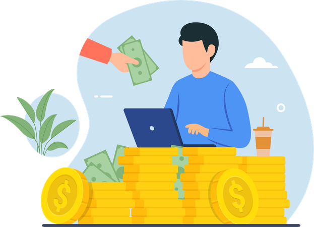 プロジェクトに取り組んでお金を稼ぐフリーランサーの男性  イラスト