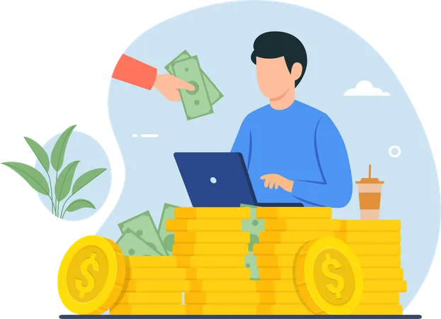 プロジェクトに取り組んでお金を稼ぐフリーランサーの男性  イラスト