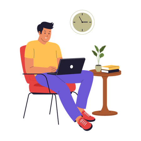Freelancer Man Working with Laptop and Coffee in Home Office  Illustration