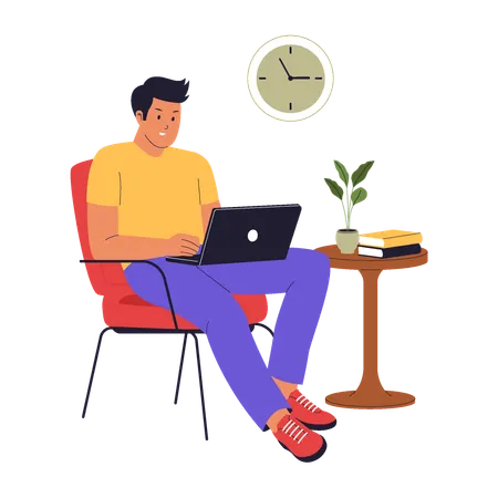 Freelancer Man Working with Laptop and Coffee in Home Office  Illustration