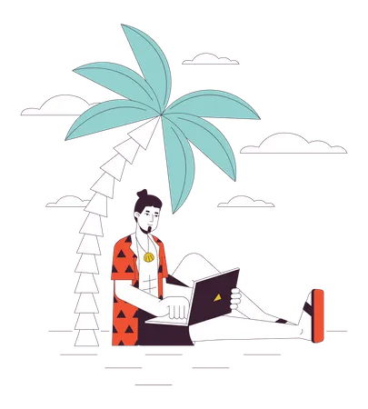 Freelancer On Vacation Flat Line Concept Vector Spot Illustration Caucasian Man With Laptop Working 2 D Cartoon Outline Character On White For Web UI Design Editable Isolated Color Hero Image Illustration