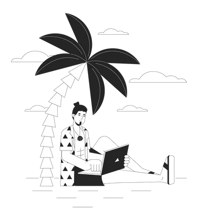 Freelancer On Vacation Bw Concept Vector Spot Illustration Caucasian Man With Laptop Working 2 D Cartoon Flat Line Monochromatic Character For Web UI Design Editable Isolated Outline Hero Image Illustration