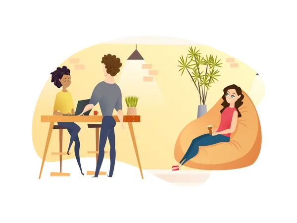 Freelance Character Rest And Work At Coworking Smiling Male And Female Freelancer Sitting At Computer Girl Resting At Beanbag Chair In Open Space Flat Cartoon Vector Illustration Illustration