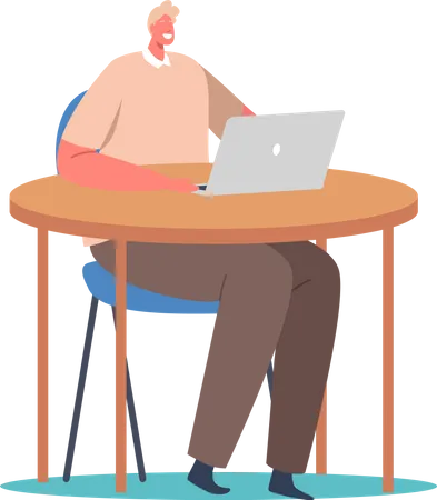 Freelancer sentado en un sillón y escritorio trabajando en una computadora portátil  Ilustración