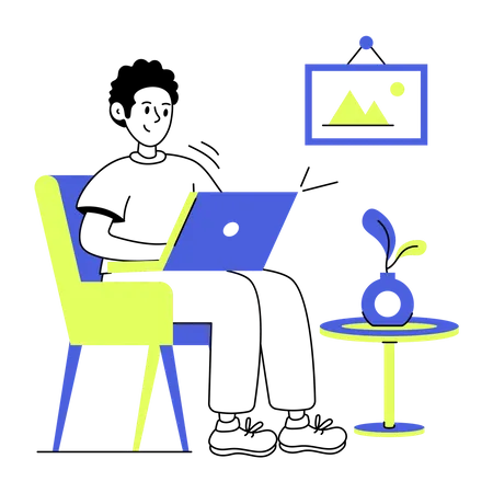 Freelancer sentado en una silla y trabajando en una computadora portátil  Ilustración
