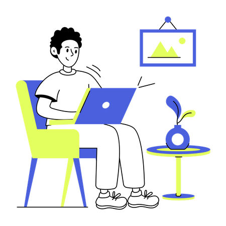 Freelancer sentado na cadeira e trabalhando no laptop  Ilustração
