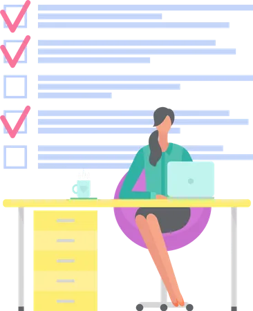 Freelancer Sitting With Laptop And Working With To Do List Time Management Schedule Planning Concept Woman With Checklist Task Planner Program On Computer Lady Plans Work Schedule For Month Illustration