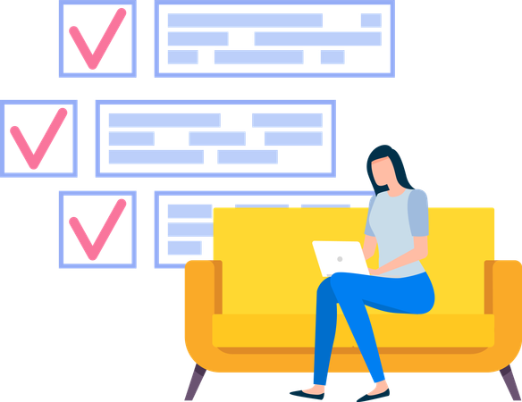 Freelancer sitting with laptop on couch near clipboard with check marks  Illustration