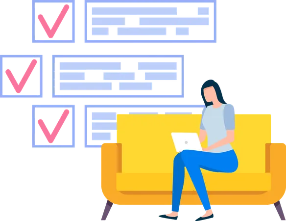 Freelancer Sitting With Laptop On Couch Near Checklist With Check Marks Working With To Do Plan Time Management Schedule Planning Concept Woman With Checklist Task Planner Program On Computer Illustration