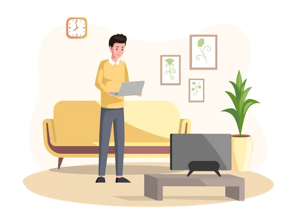 Freelancer standing at home working with laptop Illustration