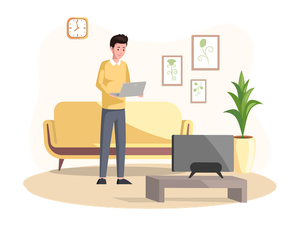 Freelancer standing at home working with laptop  Illustration