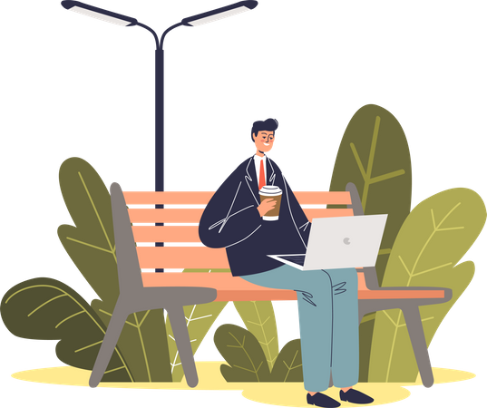 Freelancer trabajando sentado en un banco del parque  Ilustración