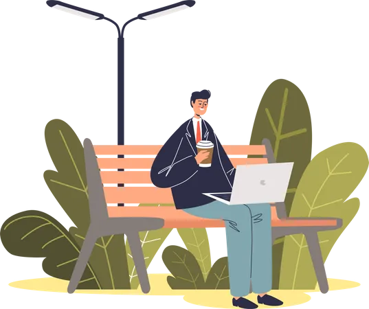 Freelancer trabajando sentado en un banco del parque  Ilustración