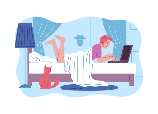 Freelancer trabalhando no laptop na cama  Ilustração
