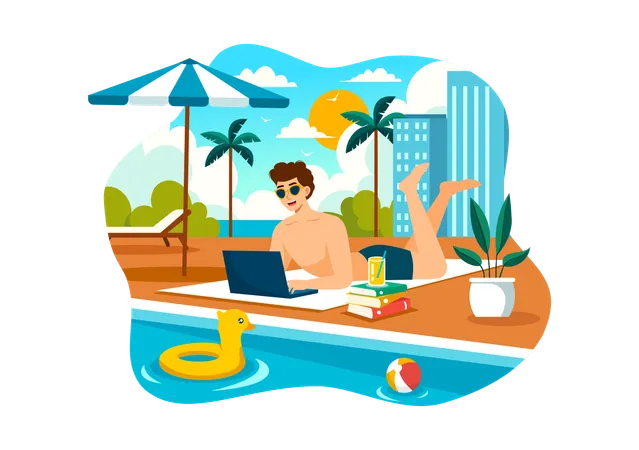 Freelancer trabalhando em uma piscina  Ilustração