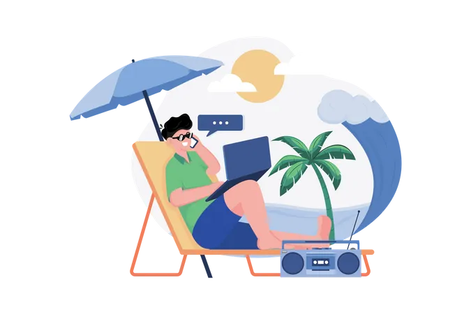 Freelancer trabalhando na praia  Ilustração