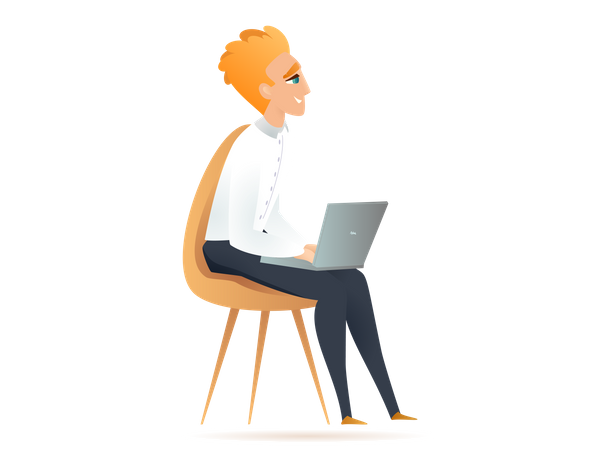 Homem autônomo trabalhando no laptop enquanto está sentado na cadeira  Ilustração