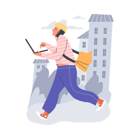 Freelancer trabalhando remotamente na cidade enquanto caminha e fala ao telefone  Ilustração