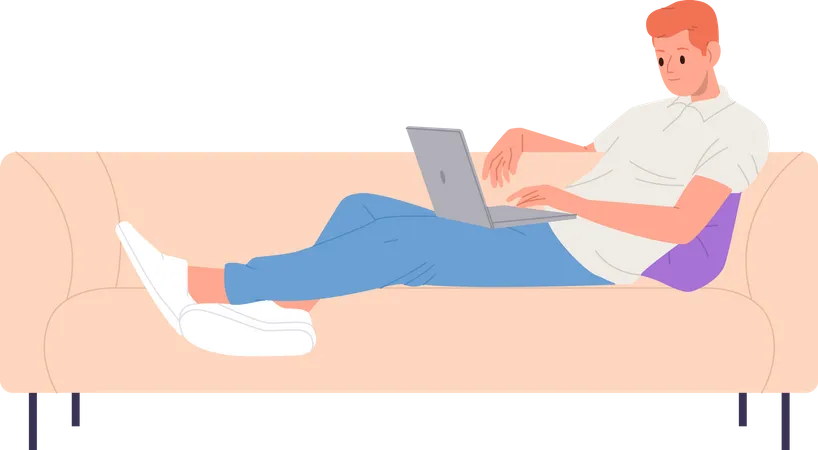 Relaxed Man Freelancer Cartoon Character On Sofa With Domestic Comfort Using Laptop Computer Working Online At Home Watching Movie Or Training Webinar Learning On Internet Vector Illustration Illustration