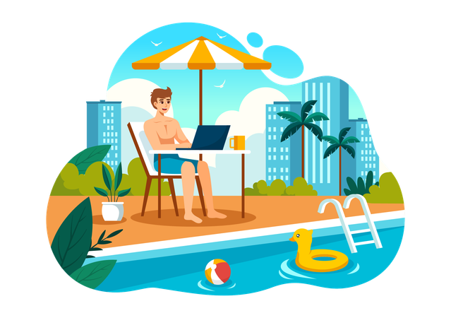 Freelancer Using Laptop near Swimming Pool  Illustration
