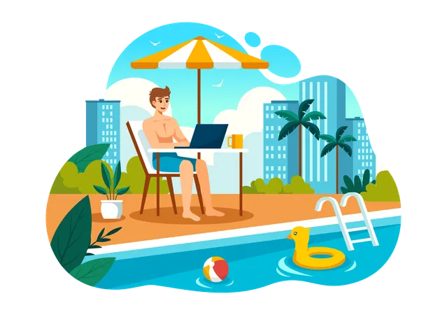 Freelance Workers Relaxing By The Swimming Pool Vector Illustration With Drinking Cocktails And Using Laptops In A Flat Cartoon Style Background イラスト