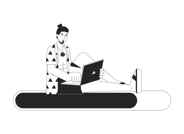 Freelancer With Laptop On Black White Error 404 Flash Message Remote Work On Vacation Monochrome Empty State Ui Design Page Not Found Popup Cartoon Image Vector Flat Outline Illustration Concept Illustration
