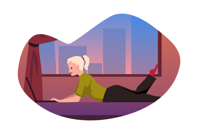 Freelancer woman comfortable lying working relaxed at home on laptop  Illustration