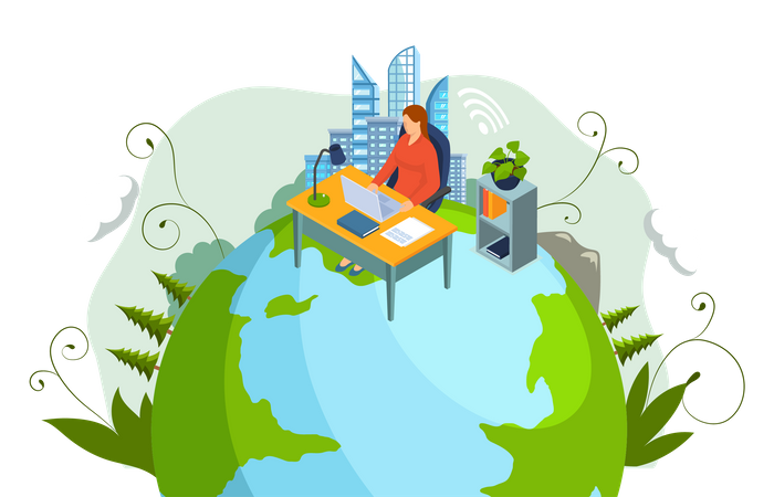 Freelancer woman with notebook at table at home does work  Illustration