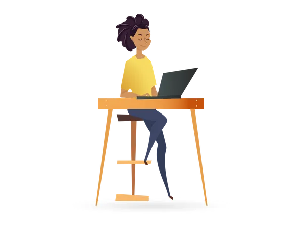 Freelancer Woman Working By Computer On Table Successful Female Character Sitting On High Chair Or Stool Young Calm Freelance Worker With Laptop On Desk Flat Cartoon Vector Illustration Illustration