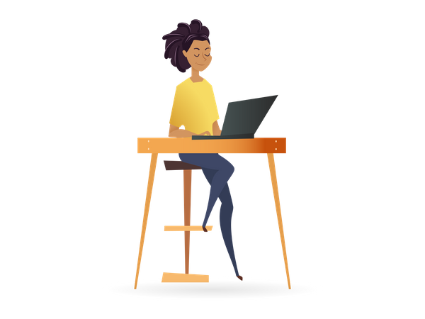 Freelancer Woman Working by Computer on Table  Illustration