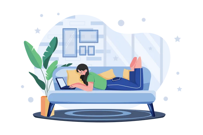Man Laying On The Couch And Doing Work On A Laptop Illustration