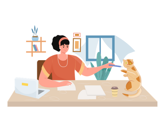 Freelancer woman working on desk Illustration