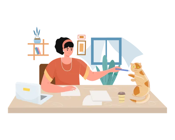 Freelancer woman working on desk  Illustration