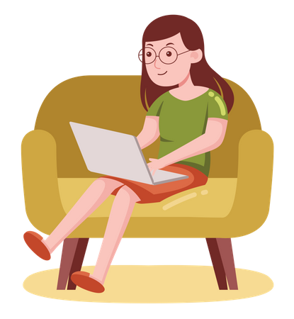 Freelancer woman working on laptop on armchair Illustration
