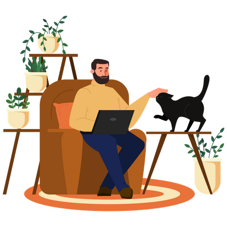 Freelancer worker working on laptop with pet  Illustration