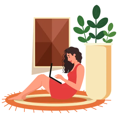 Freelancer Working At Home Female Character Sitting On The Floor And Holding A Laptop Character Chatting On Notebook Concept Of Freelance Lifestyle Illustration